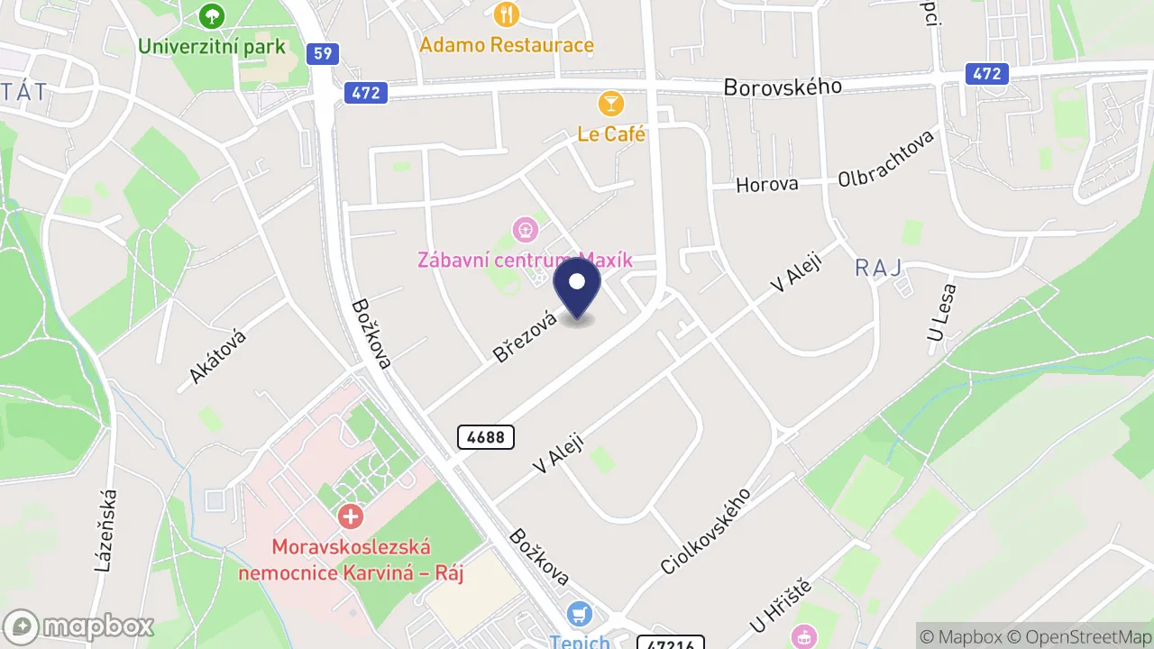 Mapa s polohou ordinace ALERGONET GROUP v Karviné-Ráji (Kosmonautů 842/48b)